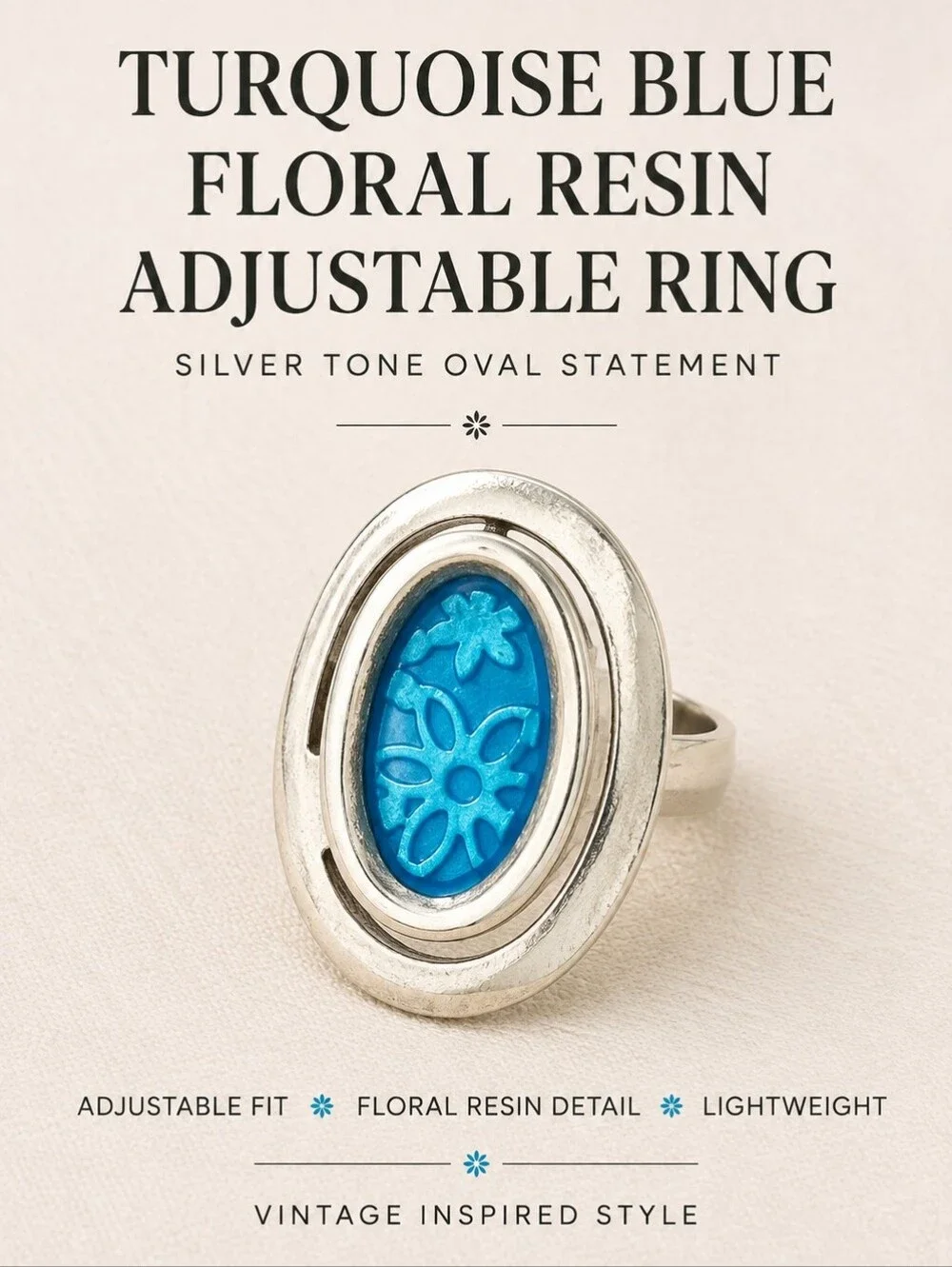 Vintage Turquoise Blue Floral Resin Adjustable Ring Silver Tone Statement